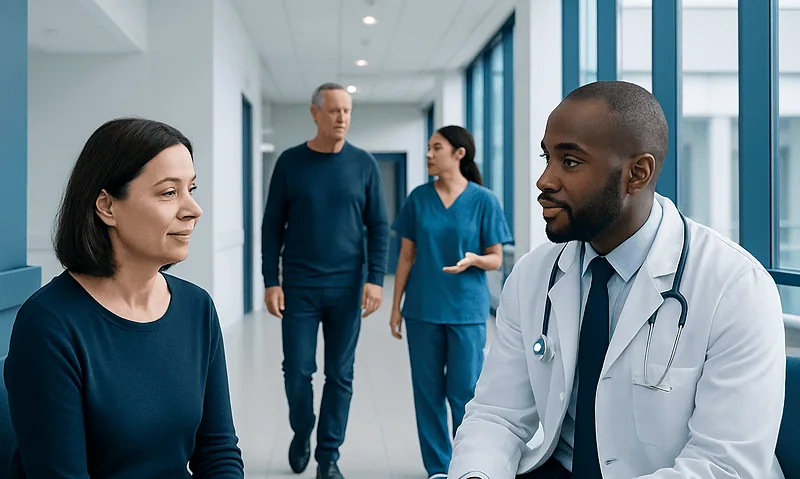 Doctor consulting with a patient in a hospital corridor at Acibadem Hospitals Group.