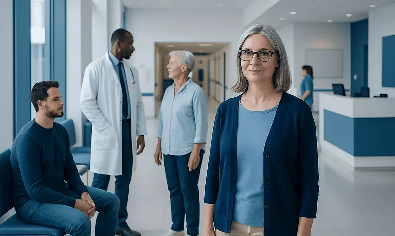 Healthcare professionals and patients in a modern hospital lobby.