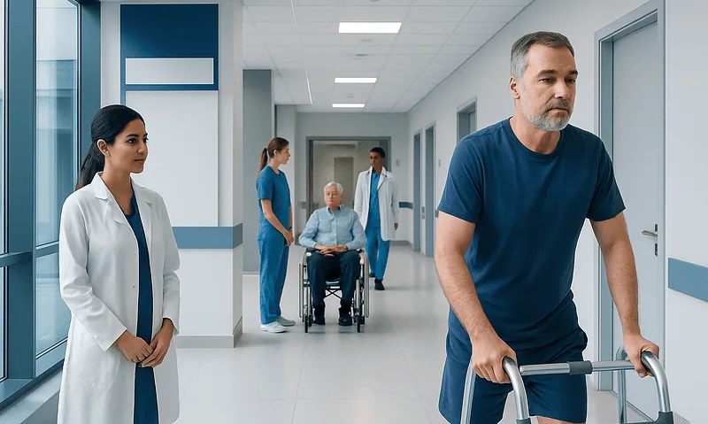Patient with walker in hospital corridor with medical staff in background.