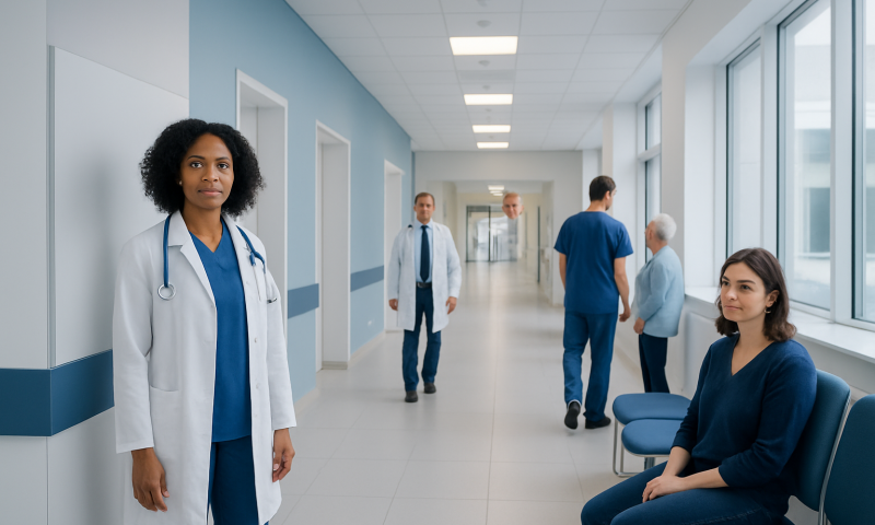 Healthcare professionals and patients in a hospital corridor at Acibadem Hospitals Group.