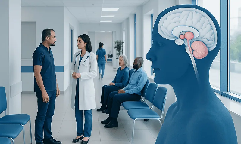 Medical consultation in a hospital with a brain diagram overlay.