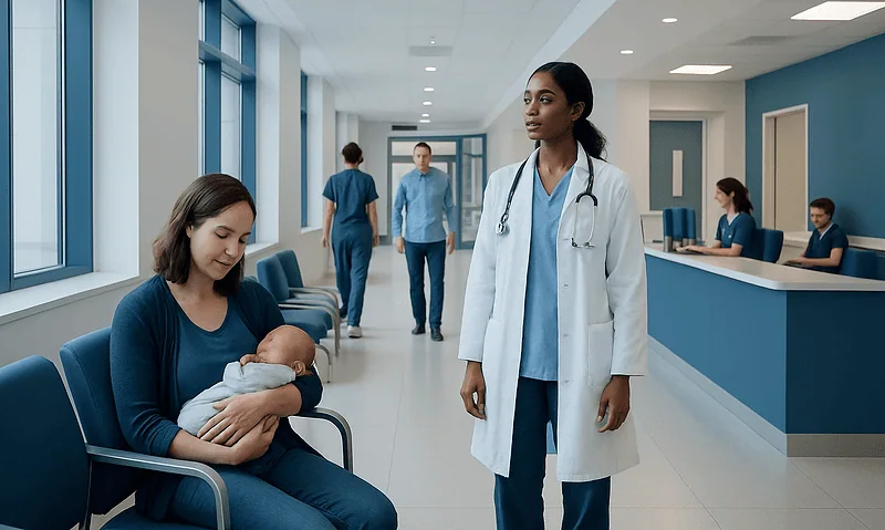 Mother holding newborn in hospital corridor with medical staff nearby.