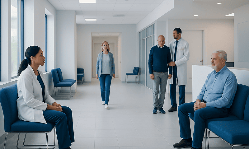 Medical consultation in a modern hospital waiting area with healthcare professionals and patients.