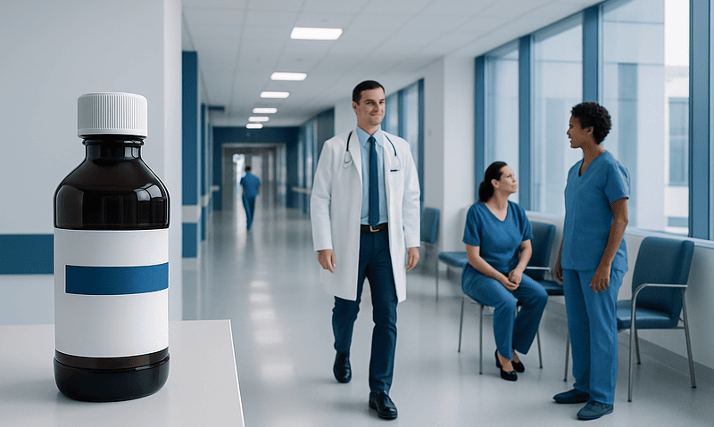 Medical consultation in a modern hospital corridor with a medicine bottle in foreground.