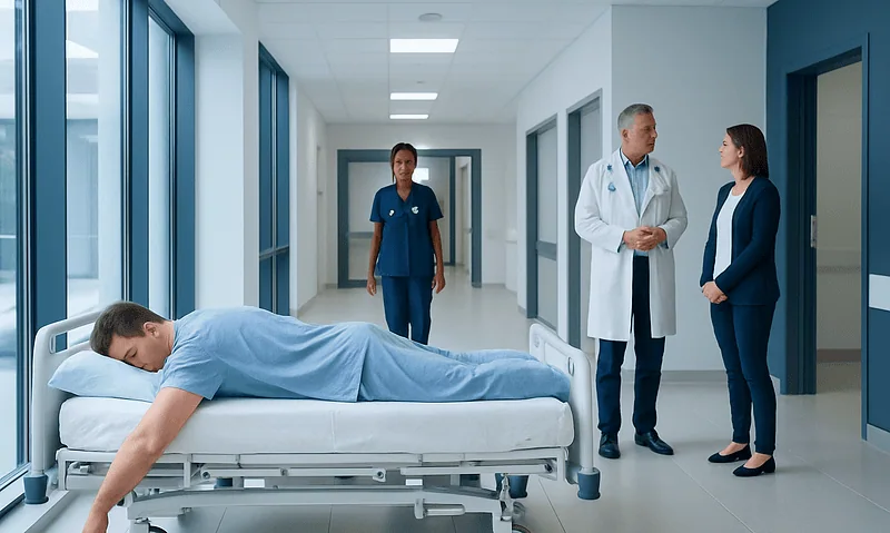 Patient resting in hospital bed with medical staff nearby in hospital corridor.