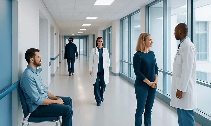 Medical professionals and patient in hospital corridor at Acibadem Hospitals Group.