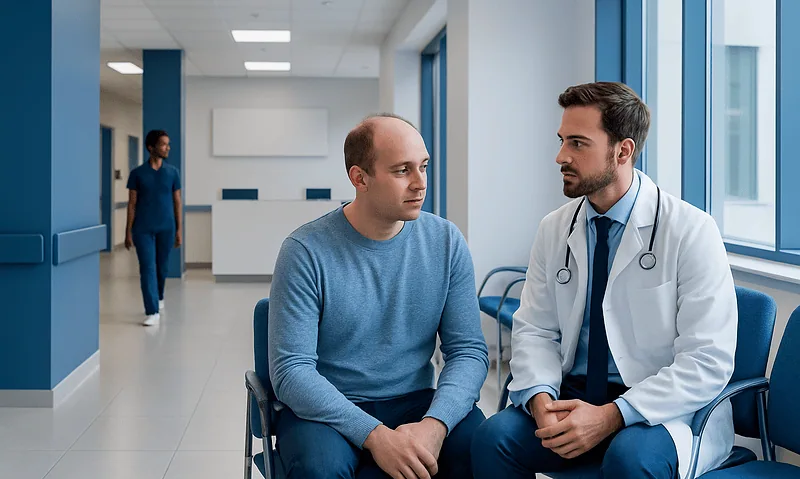 Doctor consulting with a patient in a modern hospital corridor.