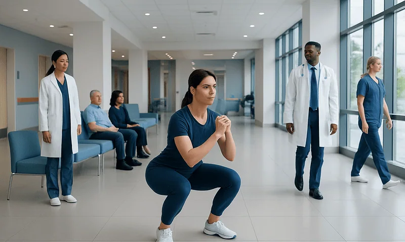 Patient performing squat exercise in hospital corridor with medical staff nearby.