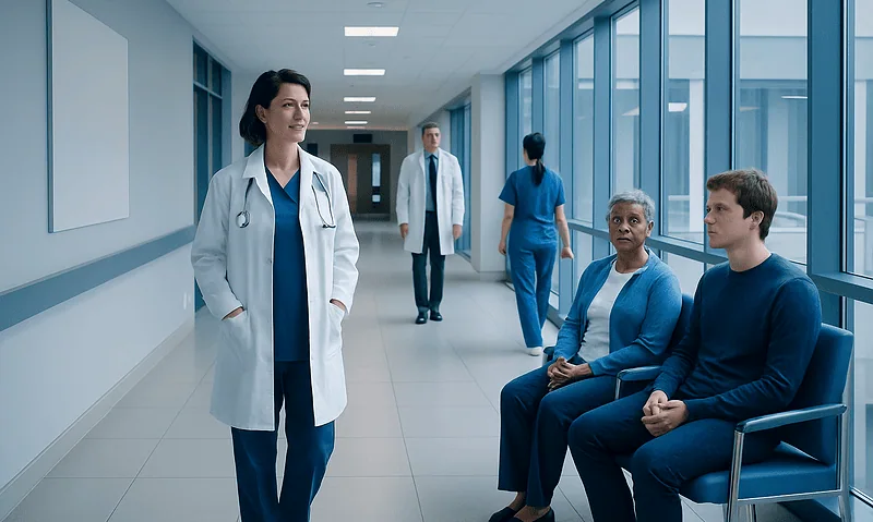 Healthcare professionals and patients in a modern hospital corridor.