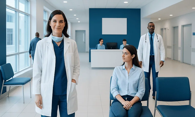 Medical professionals and patient in a modern hospital waiting area.
