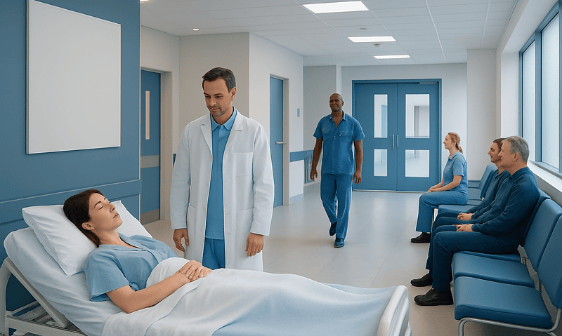 Doctor consulting patient in hospital room with waiting area.