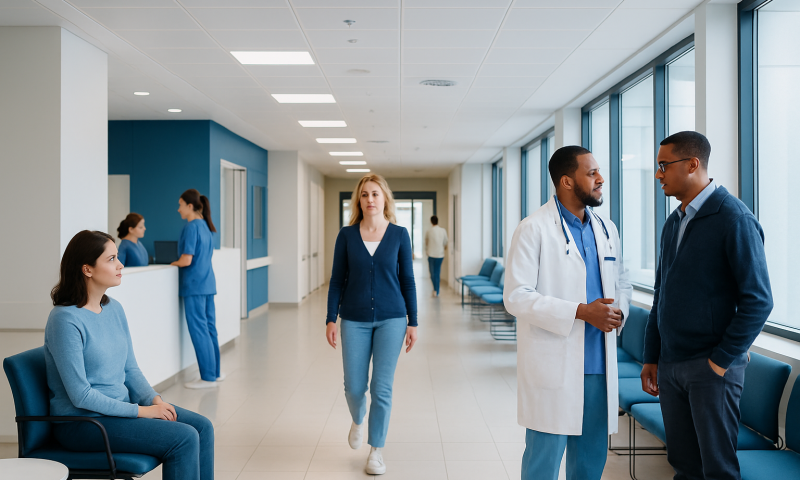 Hospital corridor with medical staff and patients in a modern healthcare facility.