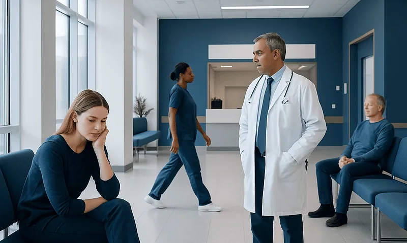 Doctor consulting a patient in a hospital corridor.