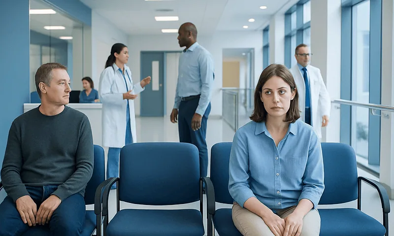 Patients waiting in a hospital corridor with medical staff in the background.