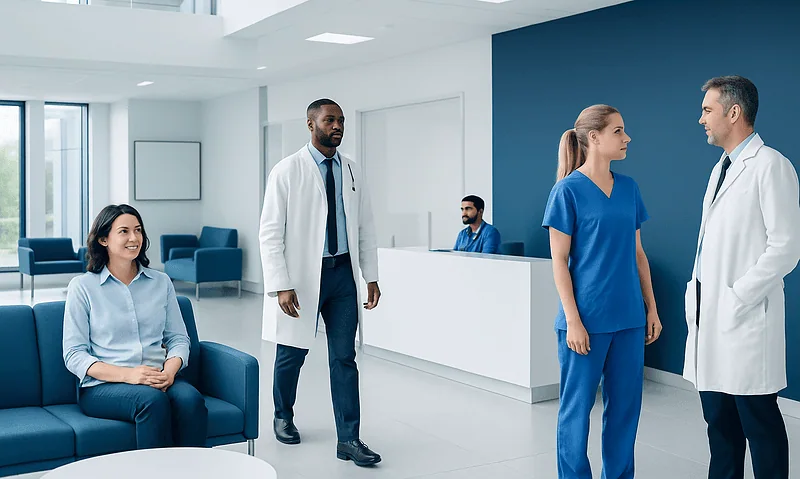 Medical team discussing patient care in hospital lobby.