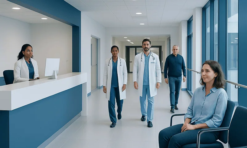 Medical team walking in hospital corridor at Acibadem Hospitals Group.