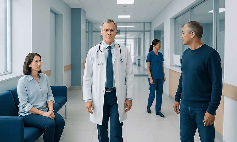 Medical consultation in hospital corridor with doctor and patients.