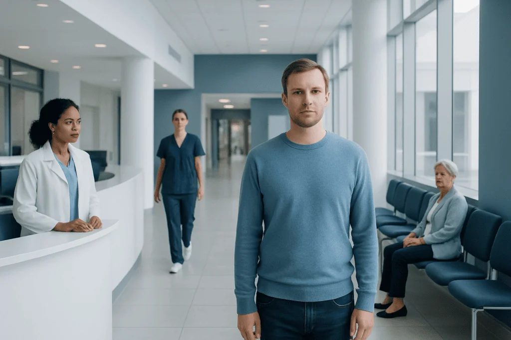 Prosopagnosia: What Patients Need to Know 1 Young man waiting in hospital corridor with medical staff and patient.