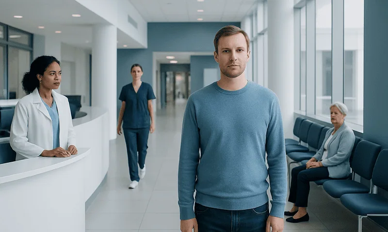 Young man waiting in hospital corridor with medical staff and patient.