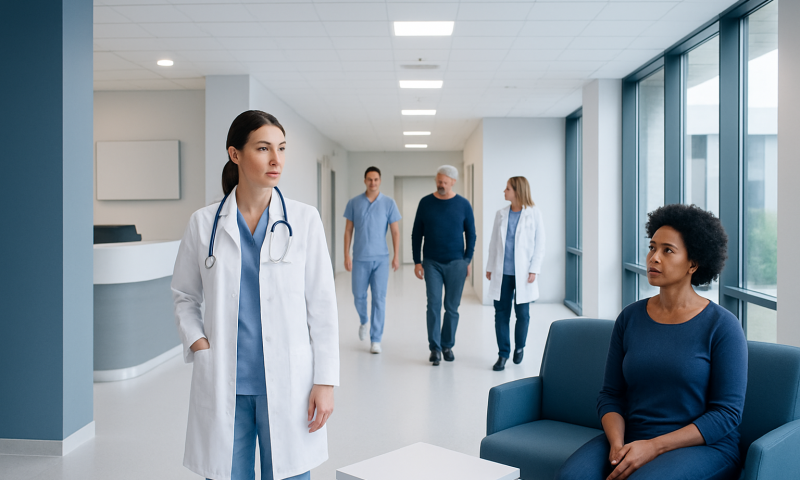 Medical staff and patient in hospital corridor at Acibadem Hospitals Group.