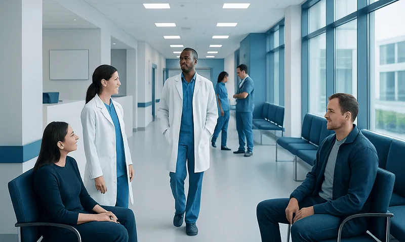 Medical professionals consulting in a hospital corridor with patients.