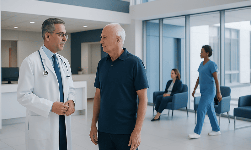 Prostatectomy: How It Works, Recovery, and What to Expect 6 Doctor consulting with a patient in a hospital lobby.