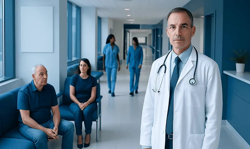 Doctor with stethoscope in hospital corridor with patients and staff.