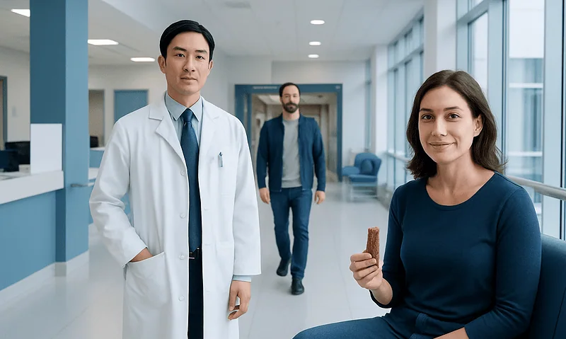 Medical professional with a patient holding a protein bar in a hospital corridor.