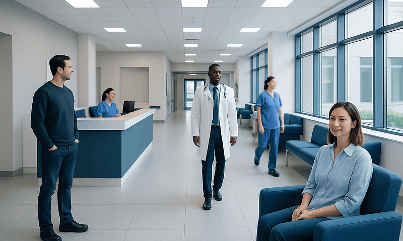 Modern hospital waiting area with staff and patient in a bright, spacious environment.