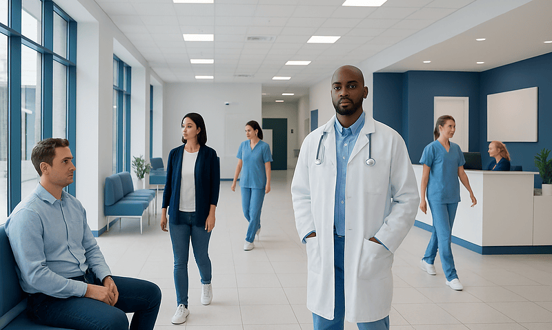 Medical team in hospital corridor with doctor and nurses on duty.