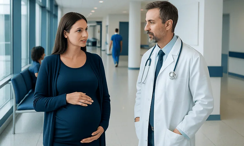 Protein in Urine During Pregnancy Explained: Causes, Management, and When to See a Doctor 14 Pregnant woman consulting with a doctor in a hospital corridor.