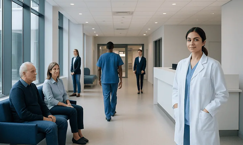 Healthcare professionals and patients in a modern hospital corridor.