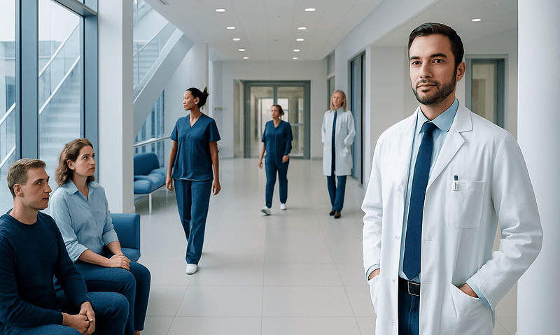 Healthcare professionals and a doctor in a modern hospital corridor.