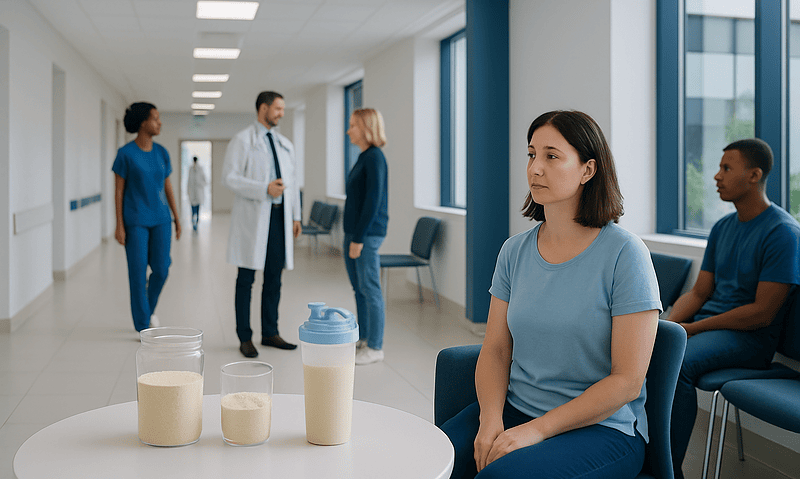 Patient waiting in hospital corridor with healthcare professionals in background.