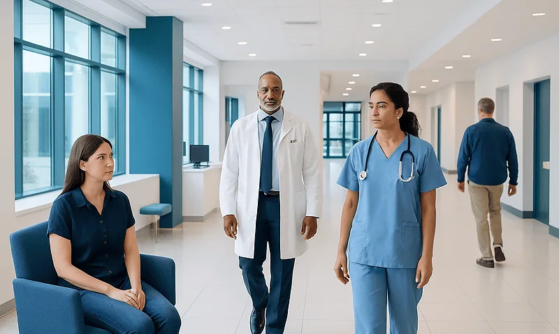 Medical professionals and patient in a modern hospital corridor.