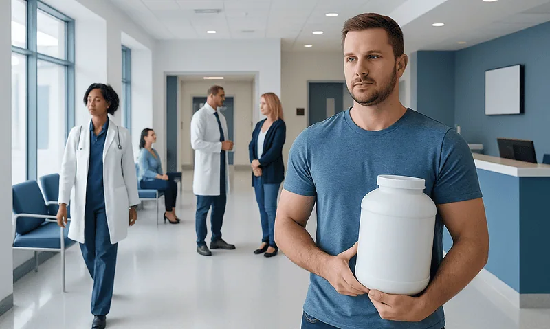 Man holding protein supplement bottle in hospital corridor with medical staff.