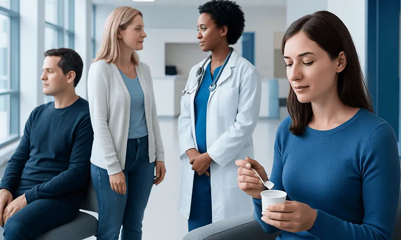 Medical consultation with a female patient and healthcare professionals in a hospital.