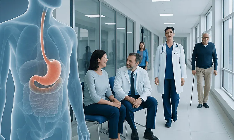 Medical team consulting with patient about digestive health at Acibadem Hospital.