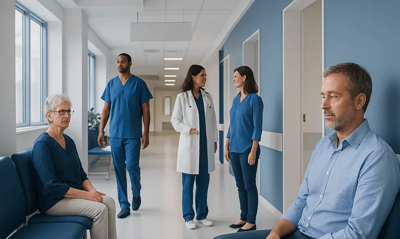 Medical consultation in hospital corridor with healthcare professionals and patient.