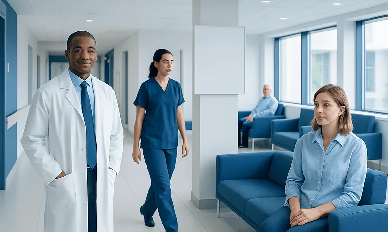 Diverse medical staff in a modern hospital waiting area.
