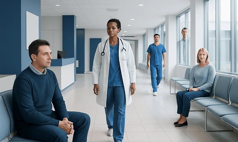 Medical professionals and patients in a hospital corridor at Acibadem Hospitals Group.