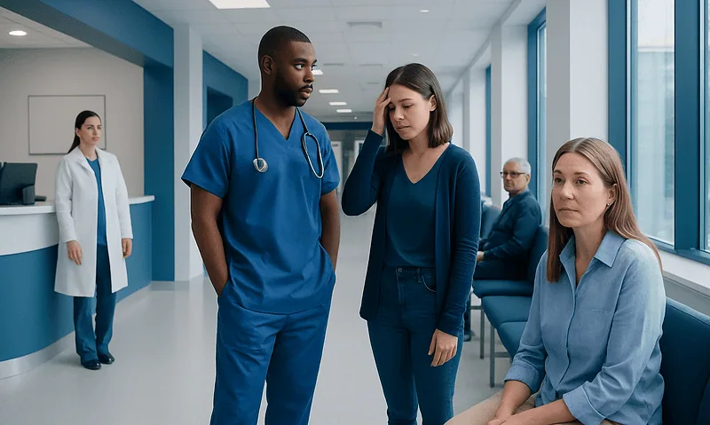 Medical team discussing patient care in hospital corridor.
