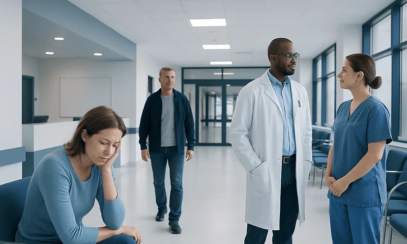 Patient experiencing distress in hospital corridor with medical staff nearby.