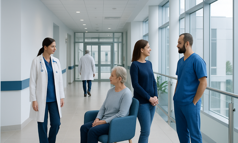 Medical staff consulting with elderly patient in hospital corridor.