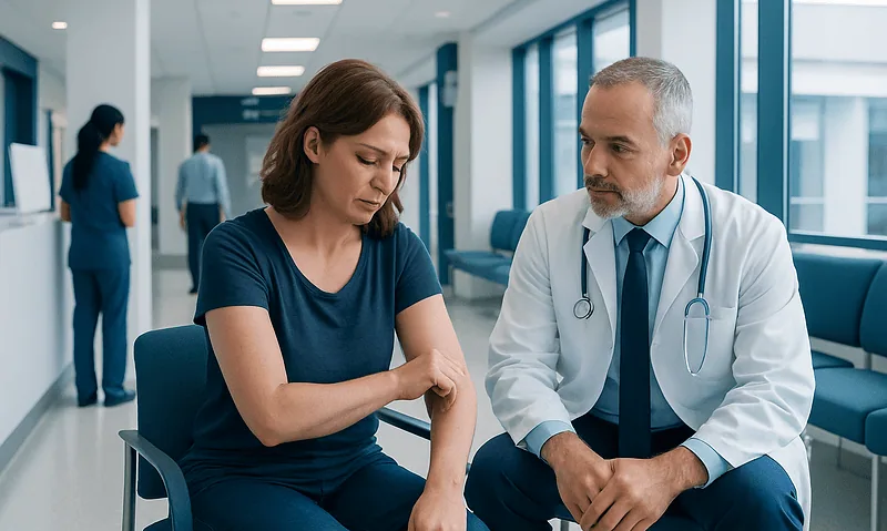 Prurigo Nodularis: An Evidence-Based Guide for Patients 1 Doctor consulting with a patient in a hospital corridor.