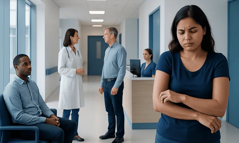 Young woman with arm crossed in hospital corridor showing discomfort.