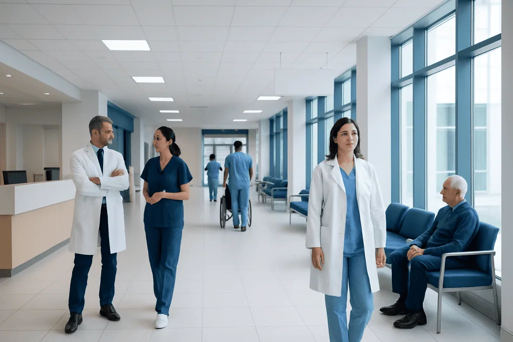 Prussian Blue: A Complete Medical Overview 1 Medical professionals and patients in a modern hospital corridor.