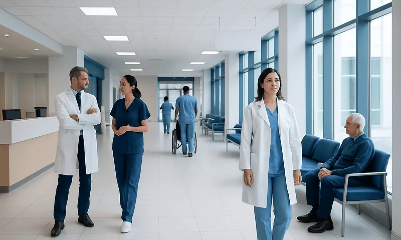 Medical professionals and patients in a modern hospital corridor.