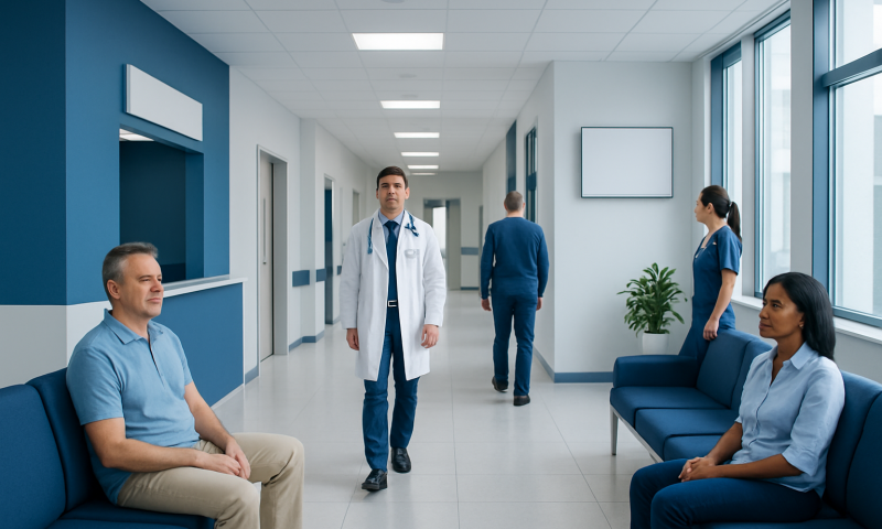 PSA: An Evidence-Based Guide for Patients 4 Patients waiting in a hospital corridor with medical staff present.