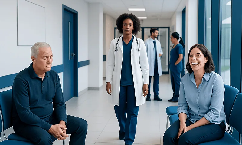 Medical professionals and patients in a hospital corridor at Acibadem Hospitals Group.